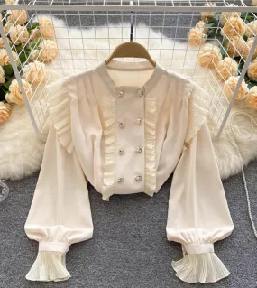 Camicie da donna vintage doppio petto Colletto alla coreana Camicetta elegante arruffata Camicia elegante allentata a maniche lu
