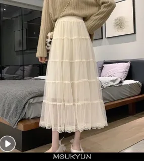 Elegante gonna in rete di pizzo Gonna lunga con volant in rete Gonna lunga in rete Maglia dolce