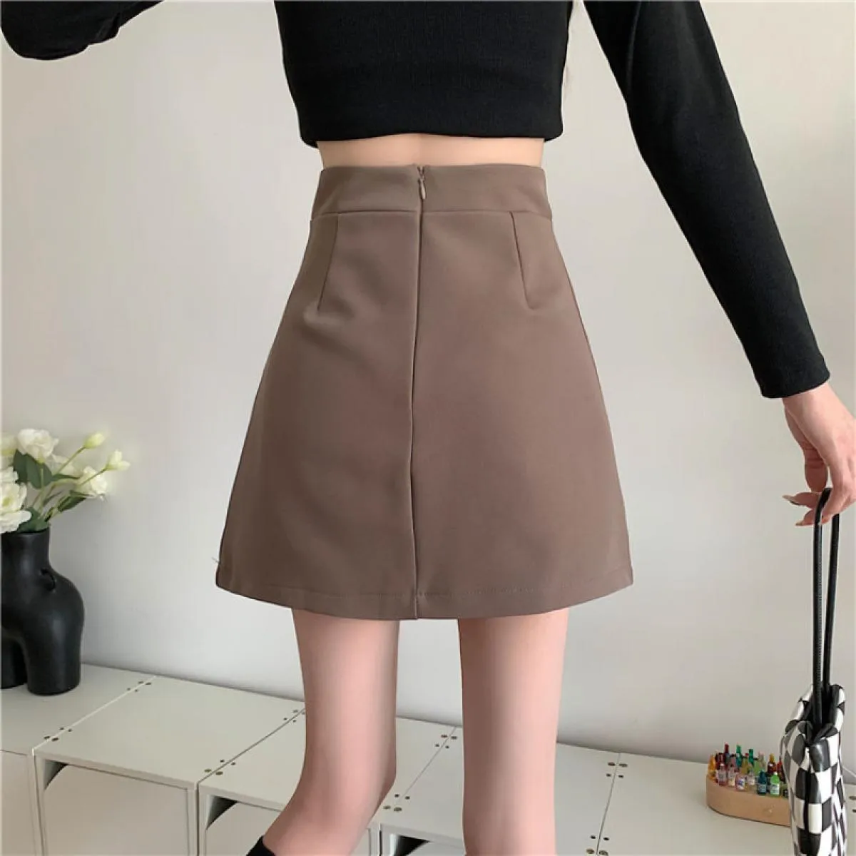 Gonne Donna A Line Streetwear Pieghe Elegante Semplice Impero Solido Sopra il ginocchio Design Slim Tutto abbinato Creatività Ch
